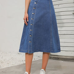 Non Stretch Denim Midi Skirt Single Breasted Button Casual Denim Skirt