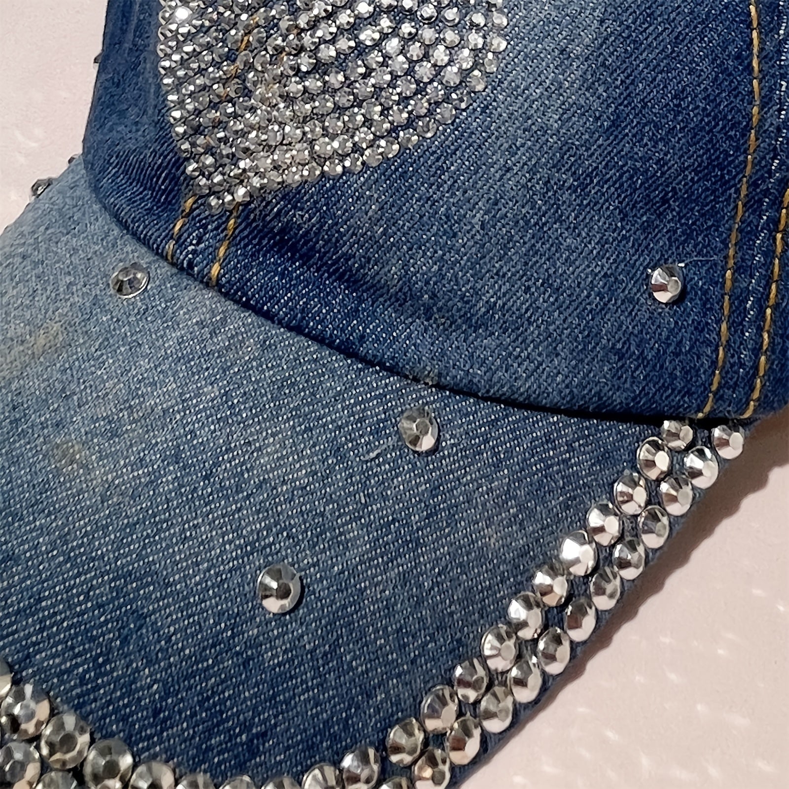 Rhinestone Denim Baseball Cap Studded Bling Heart Hat For Women Girls