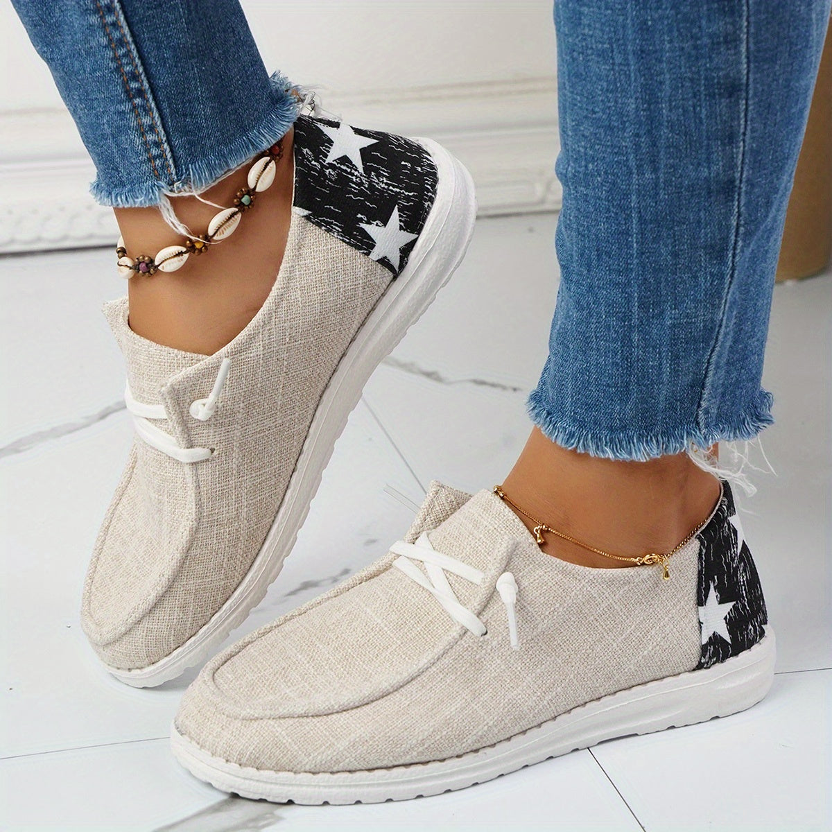 Women's Star Pattern Canvas Shoes Casual Lace Up Outdoor Sneakers