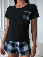 Plaid Pajamas Set Short Sleeve Tee & Bow Shorts PJ Women's Sleepwear