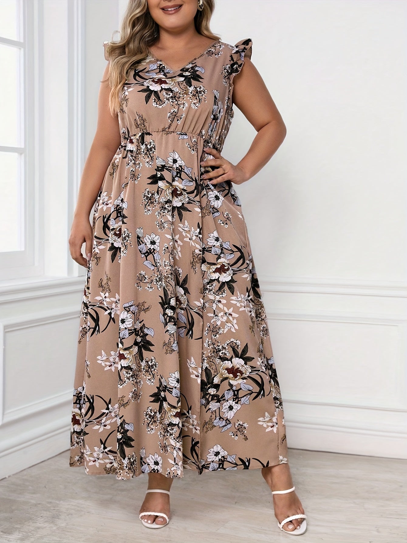  Floral Print Maxi Dress V Neck Butterfly Sleeve