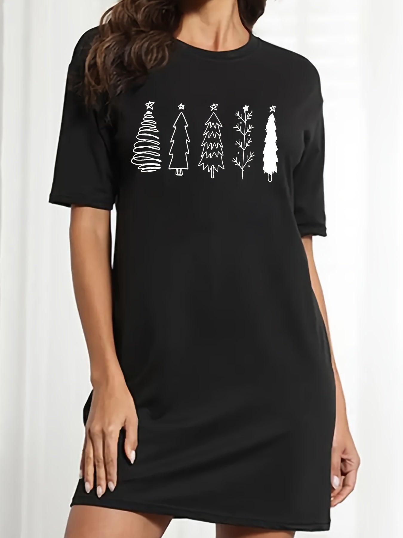  Christmas Tree Print Short Sleeve Tee Dress