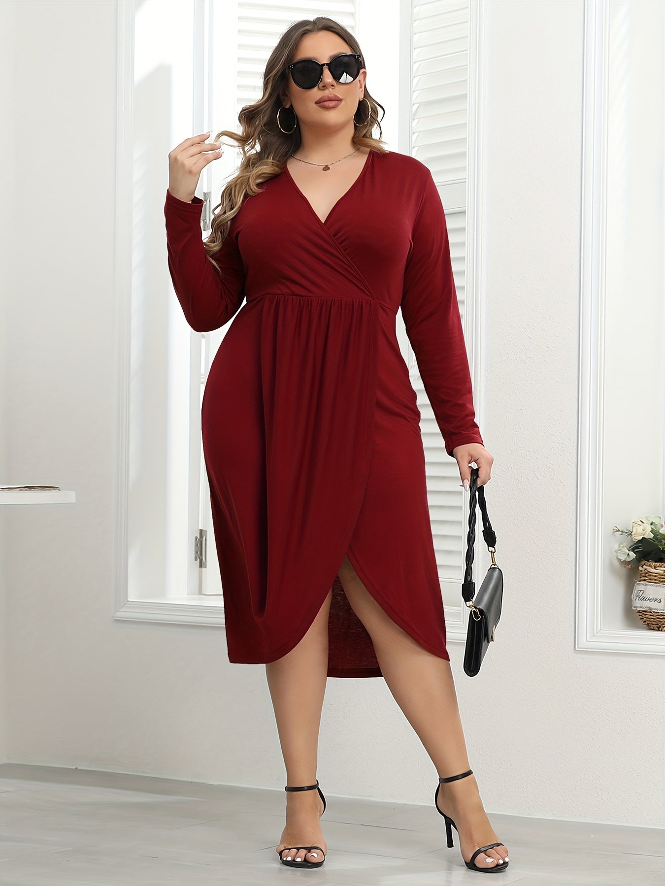  Solid Long Sleeve Wrap Dress