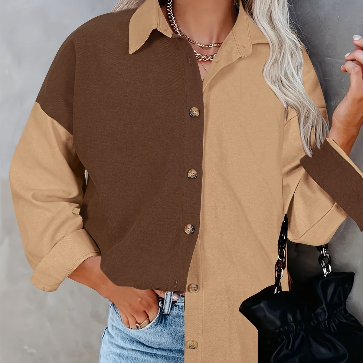  Colorblock Button Up Blouse