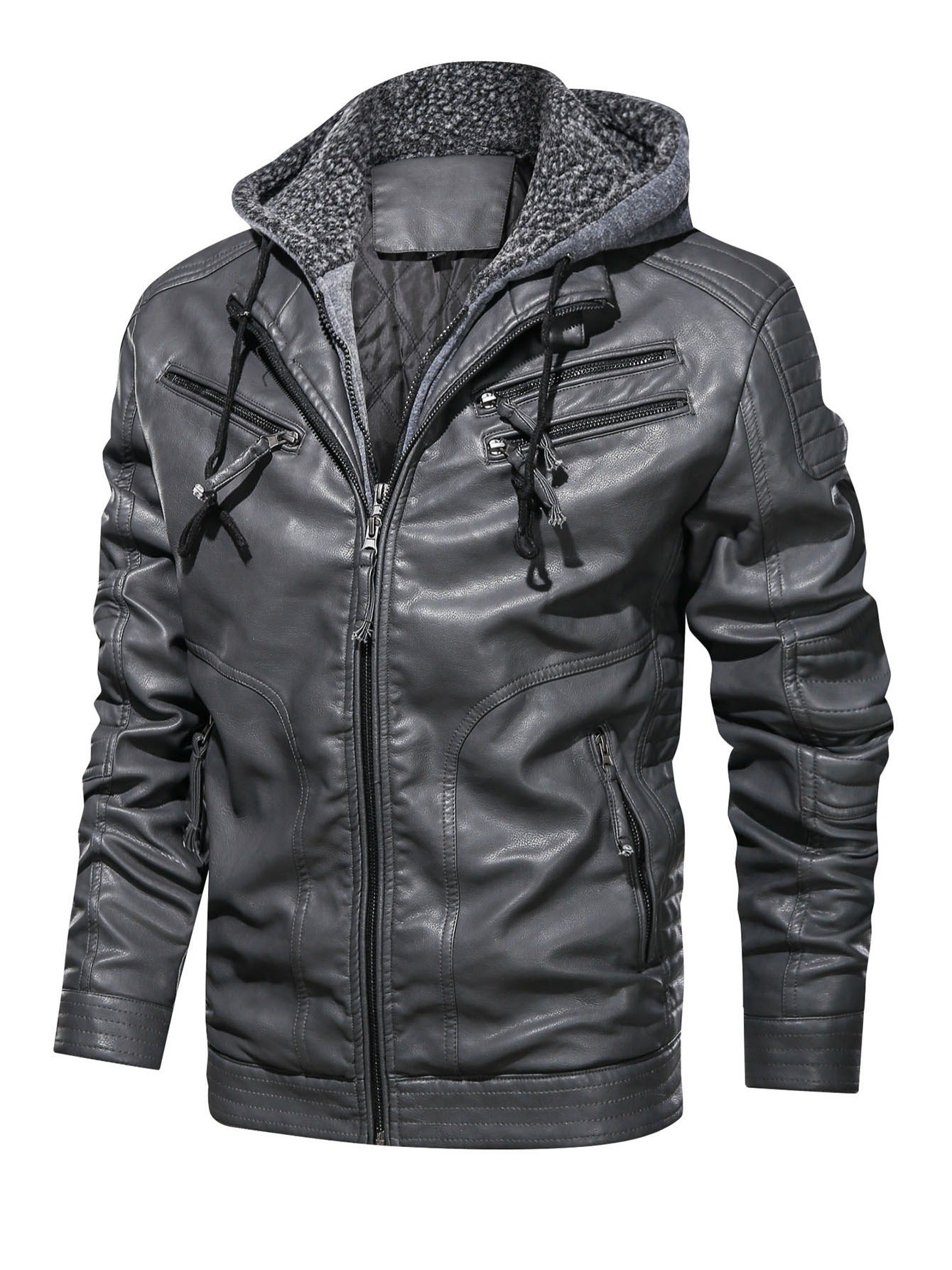 Men's Zipper Hoodie Autumn Winter Solid PU Faux Leather Jacket