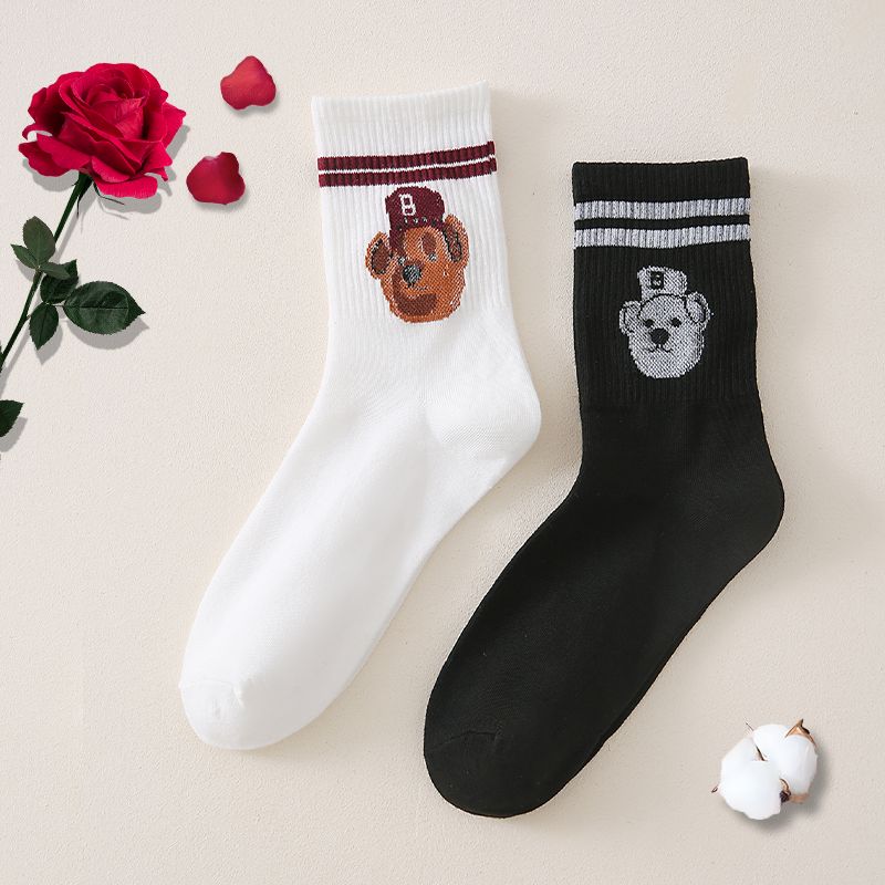2 Pairs Cartoon Bear Print & Striped Crew Socks Women's Stockings