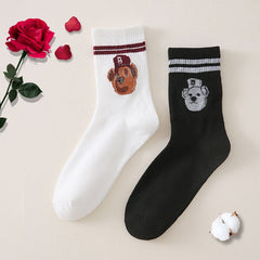2 Pairs Cartoon Bear Print & Striped Crew Socks Women's Stockings