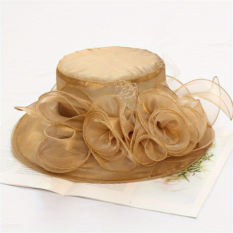Wide Brim Organza Sun Hat Mesh Flower Breathable Derby Hat