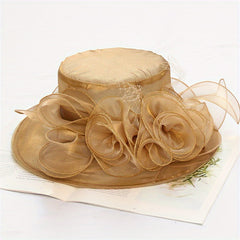 Wide Brim Organza Sun Hat Mesh Flower Breathable Derby Hat