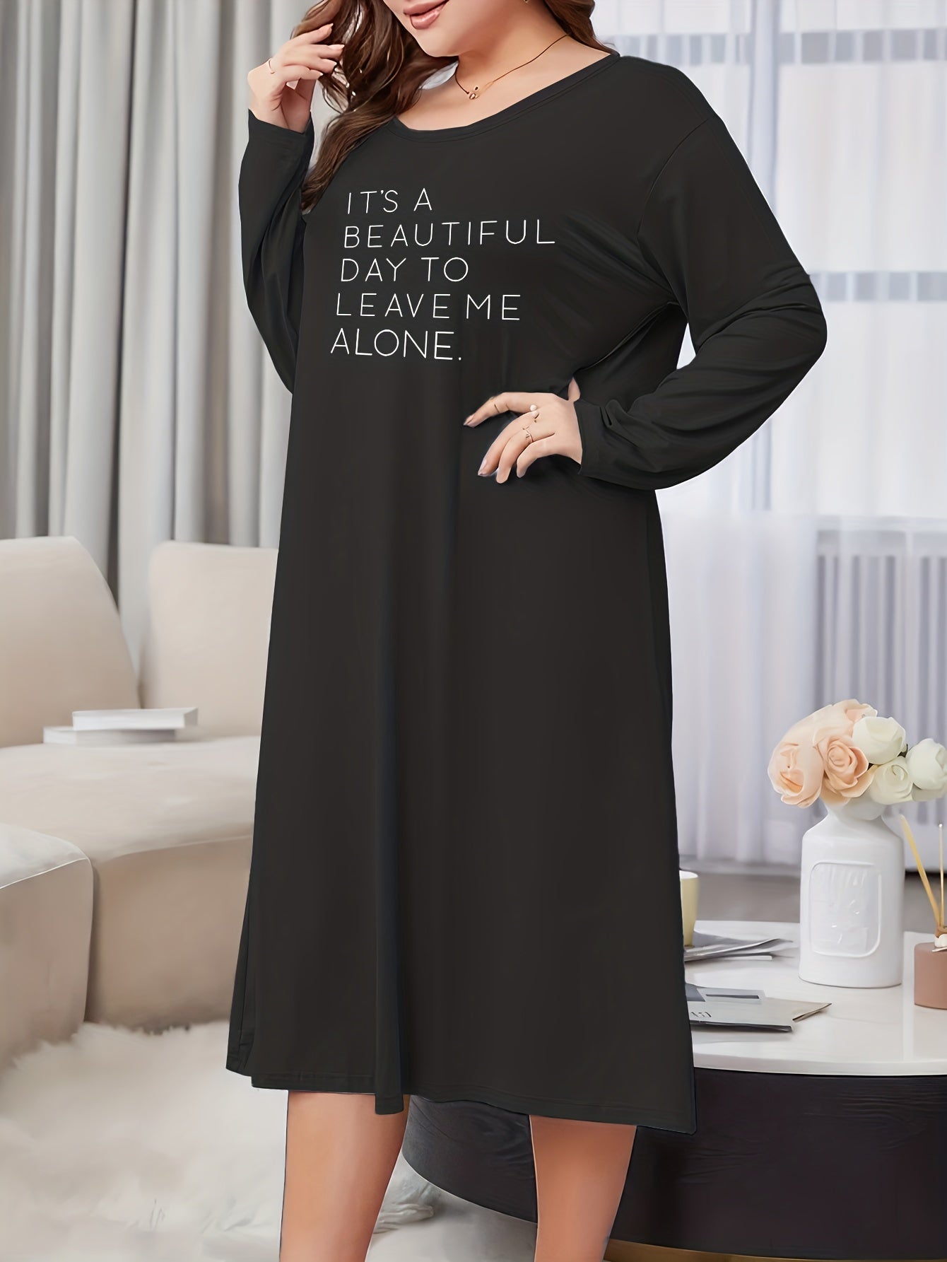  Lounge Dress Women's Slogan Print Long Sleeve Nightdress