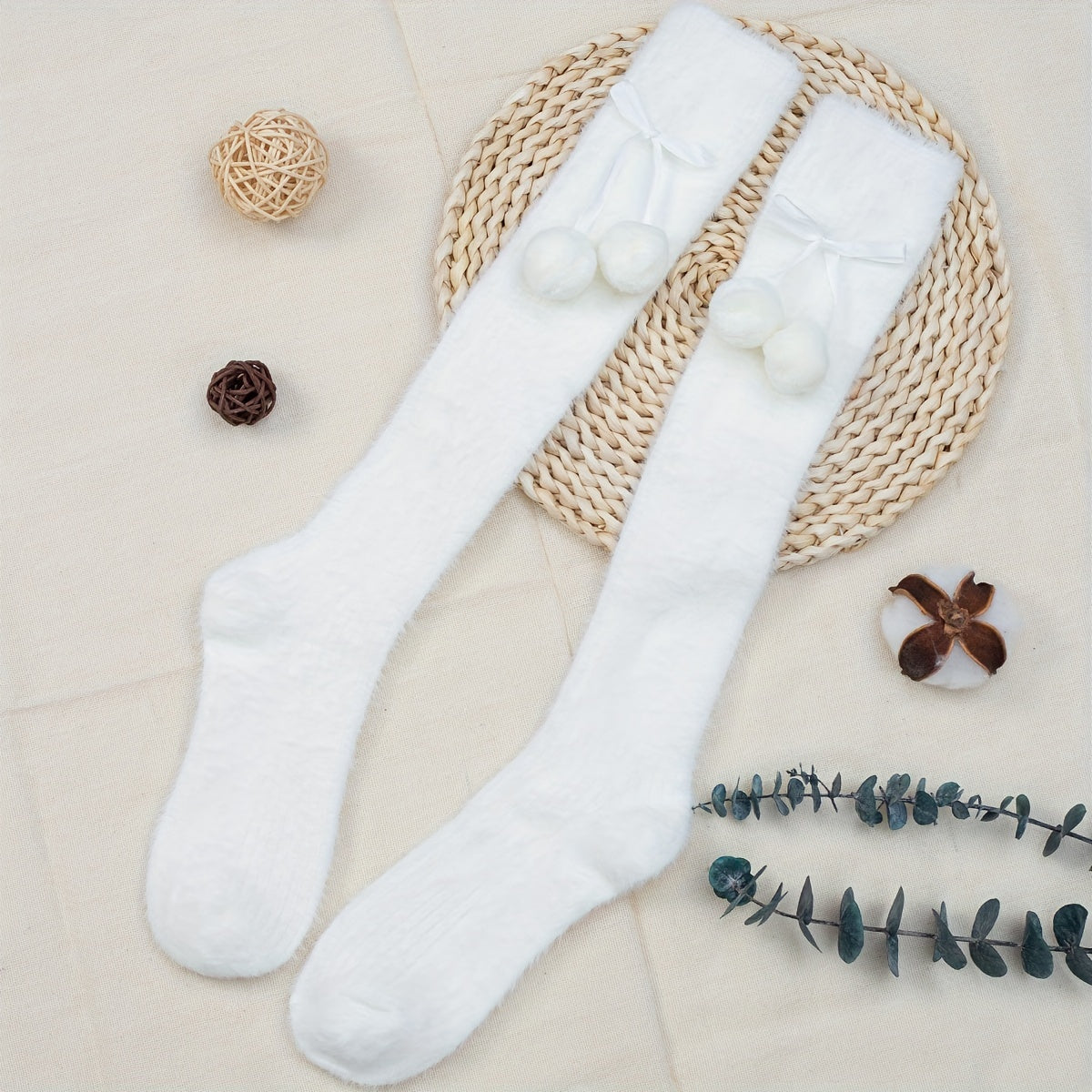Pompom Decor Knee High Socks Women's Stockings