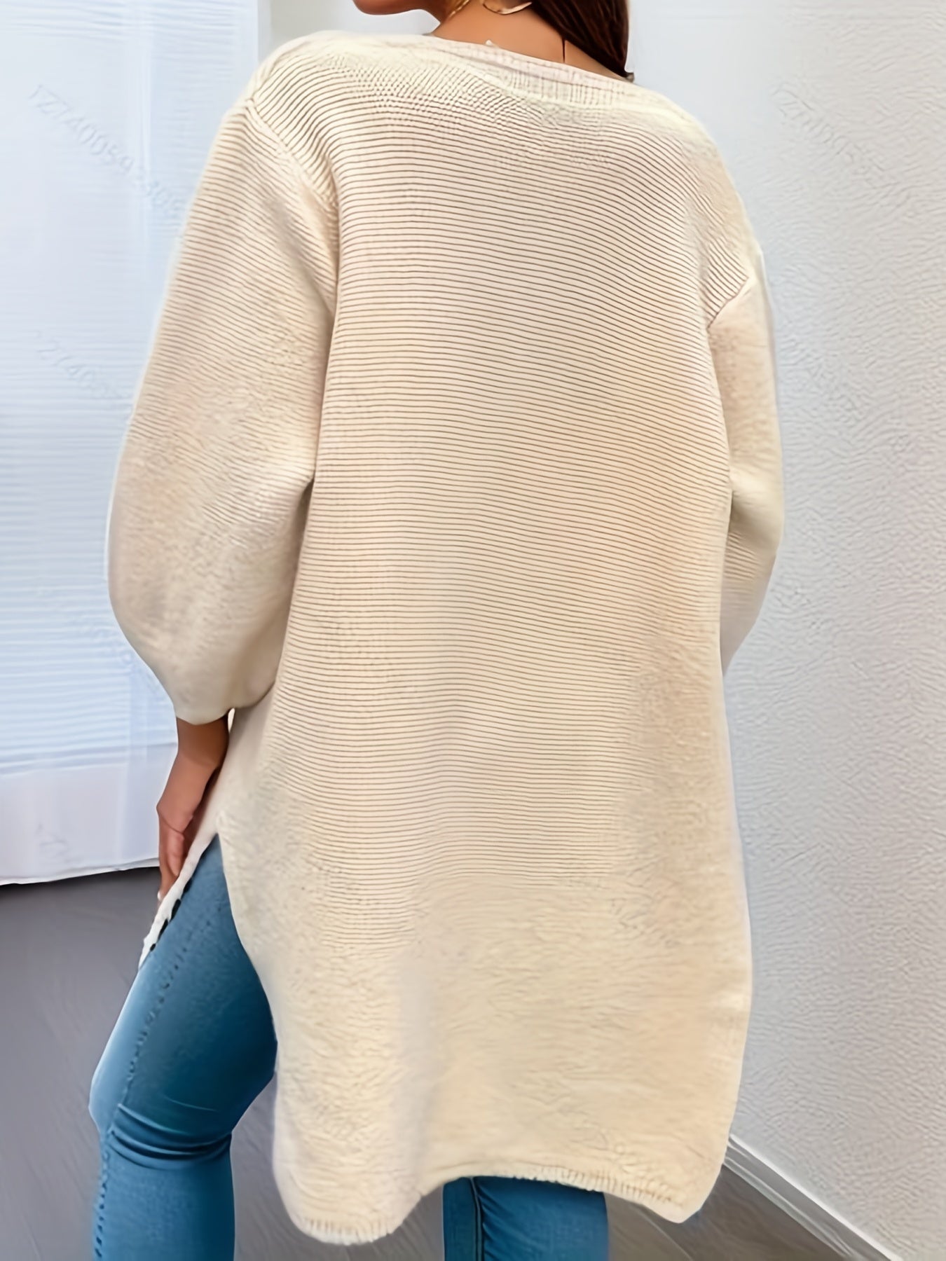  Solid Long Sleeve Open Front Split Sweater Cardigan