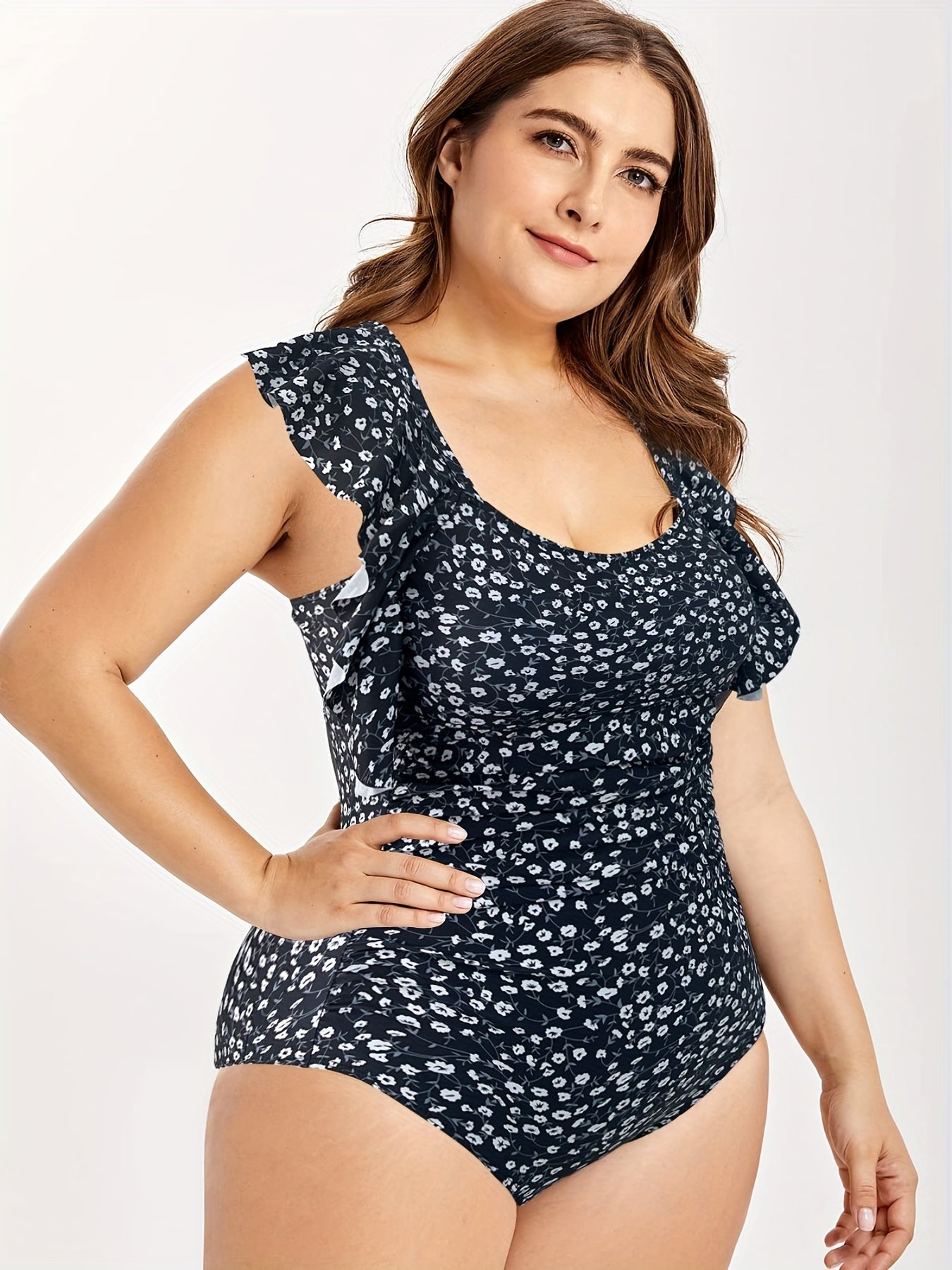  Boho Swimsuit Women's Plus Ditsy Floral Print Ruffle Trim One Piece