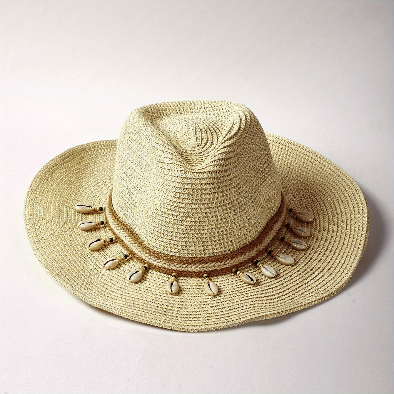 Boho Straw Hat Shell Chain Decor Wide Brim Khaki Sun Hat
