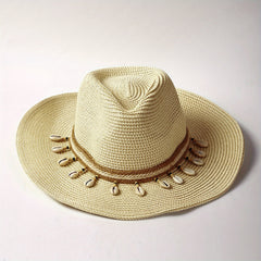 Boho Straw Hat Shell Chain Decor Wide Brim Khaki Sun Hat