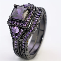 2pcs Silver Plated Purple Zircon Engagement Wedding Ring Set