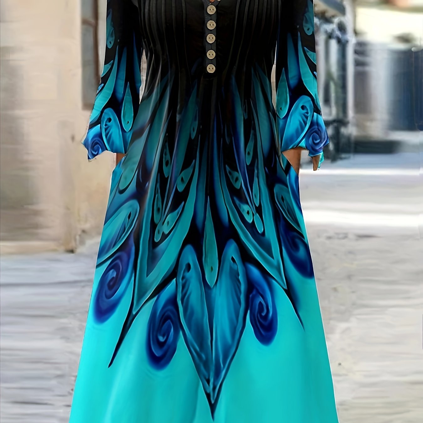  Ombre Geometric Print Maxi Dress With Bell Sleeves