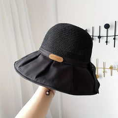 Bowknot Stitching Bucket Hat Foldable Wide Brim Crochet Sun Hat