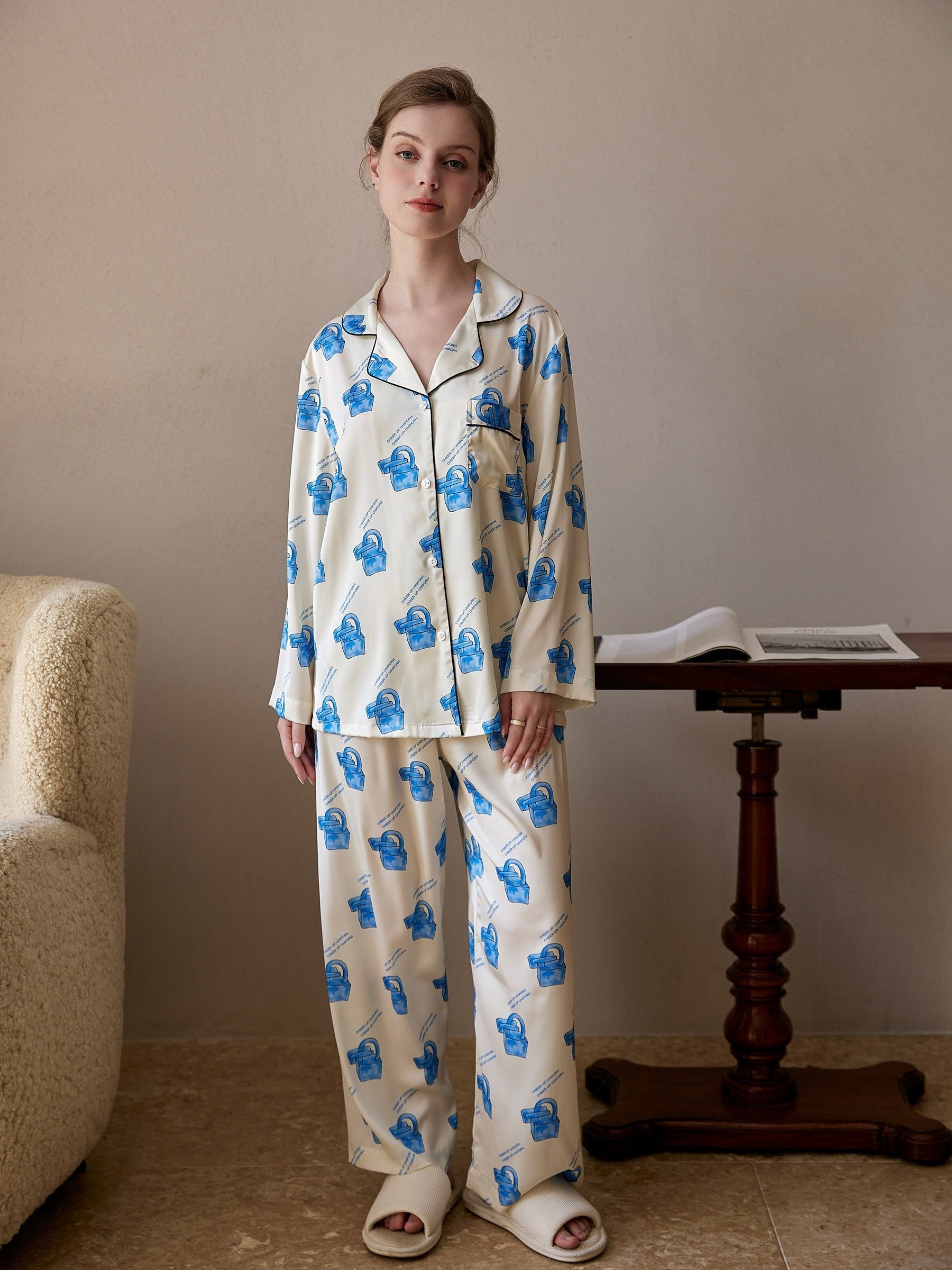 Locker Print Pajama Set Long Sleeve Top & Pants
