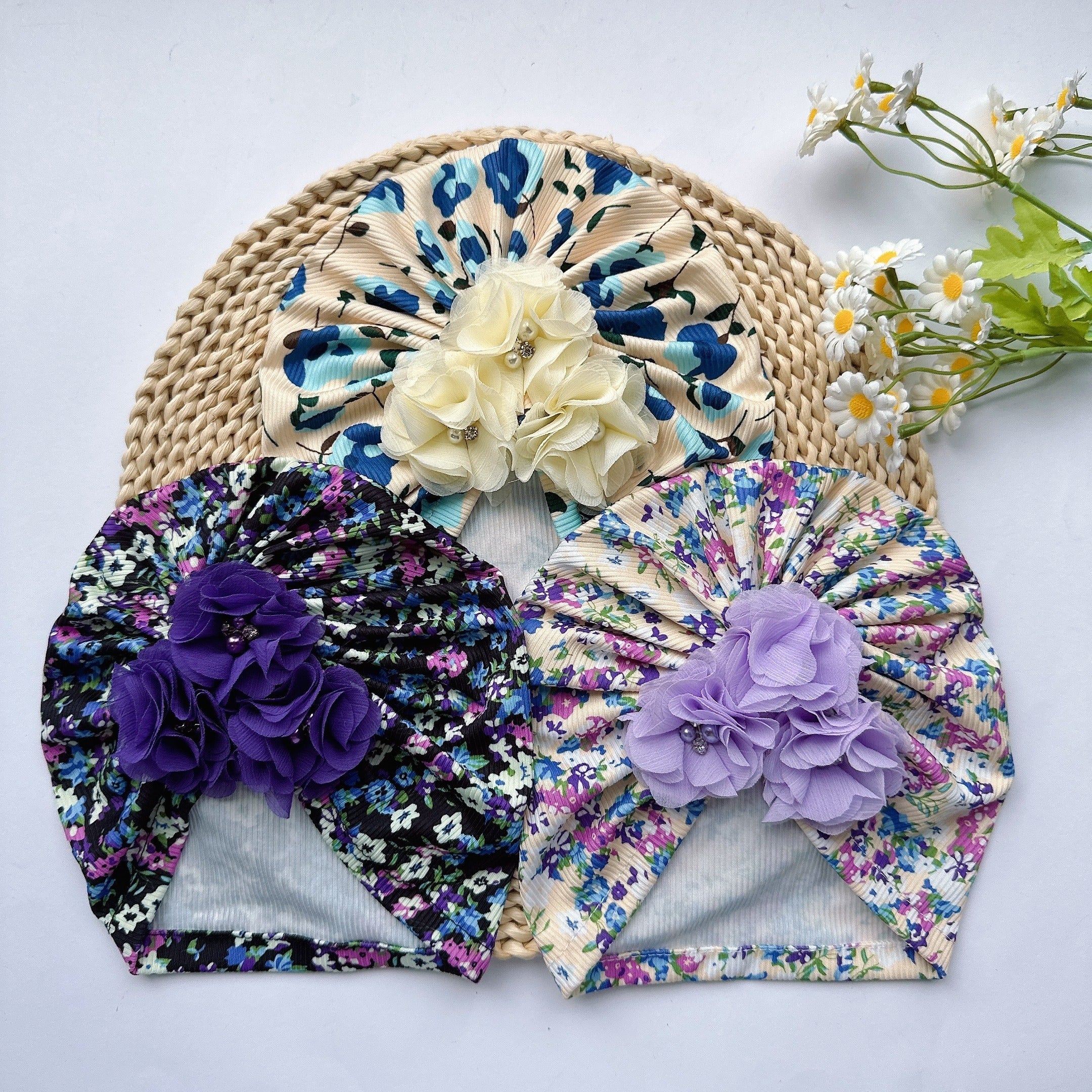 Soft Elastic Cap Baby Flower Printed Cap For Newborn Kids