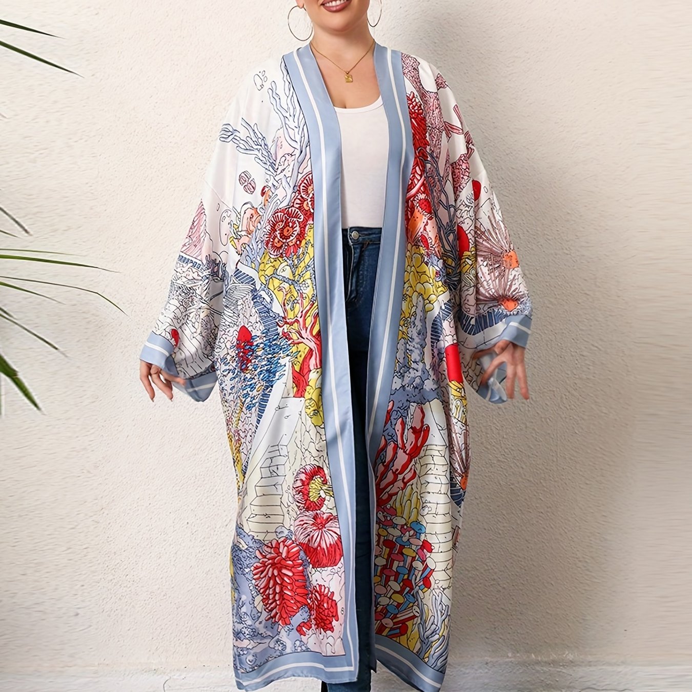  Boho Kimono Women's Plus Painting Print Long Sleeve Open Front
