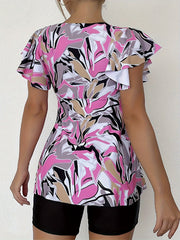  Abstract Print Tankini Set with Lace Butterfly Sleeve Top & Shorts