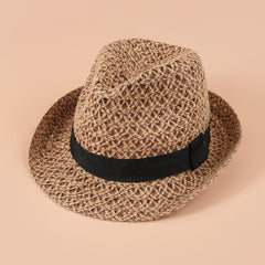 British Style Khaki Fedora Cap Vintage Straw Jazz Hat