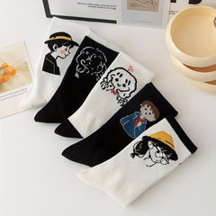 5 Pairs Cartoon Print Socks Comfy & Mid Tube Women's Stockings