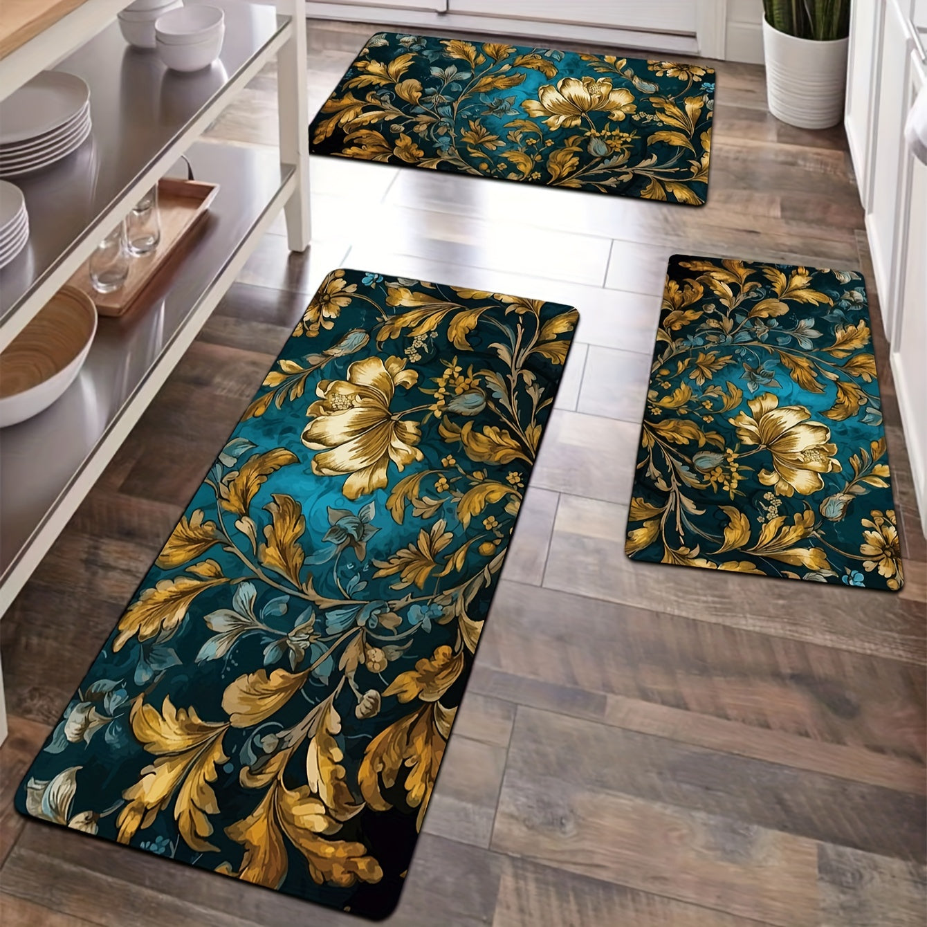 Retro Golden Leaf Print Rug Washable Floor Mat
