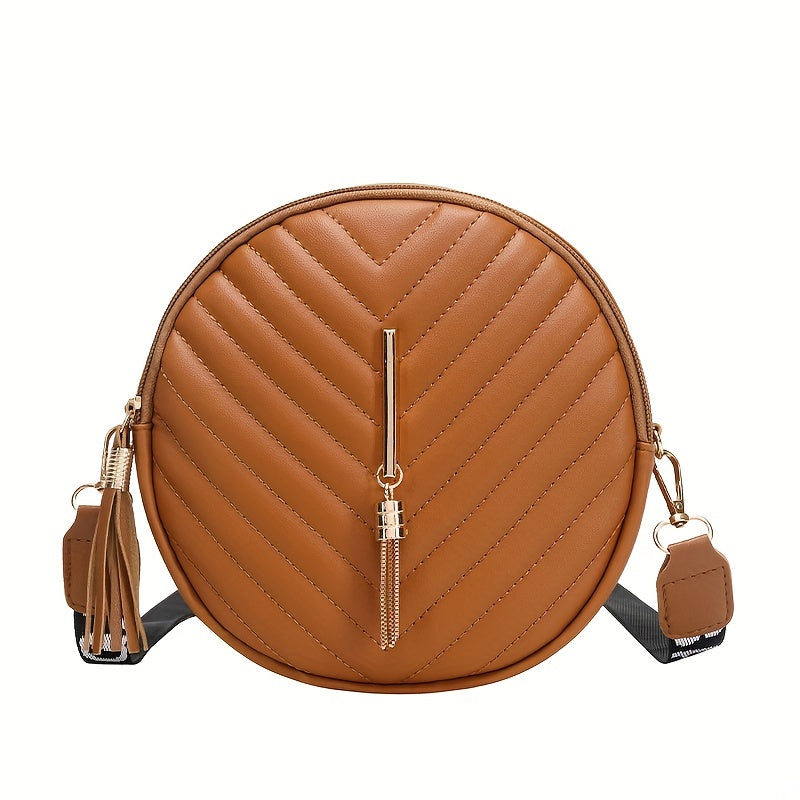 Chevron Quilted Round Bag Tassel Crossbody Bag Women's Small Circle Purse