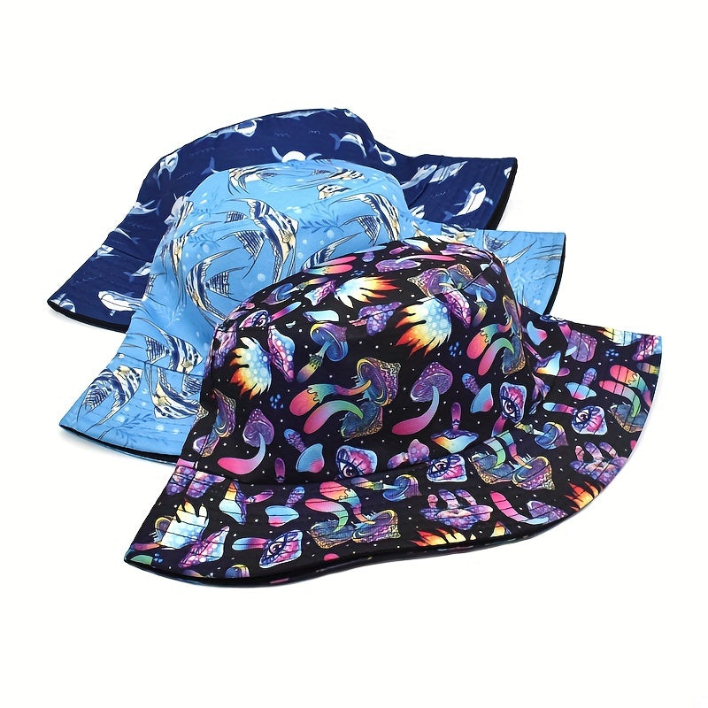 Cartoon Pattern Print Bucket Hat Lightweight Mushroom Whale Sun Hat
