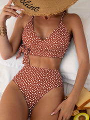 Polka Dots Print Knot V Neck 2 Pice Swimsuit Women's Swimwear