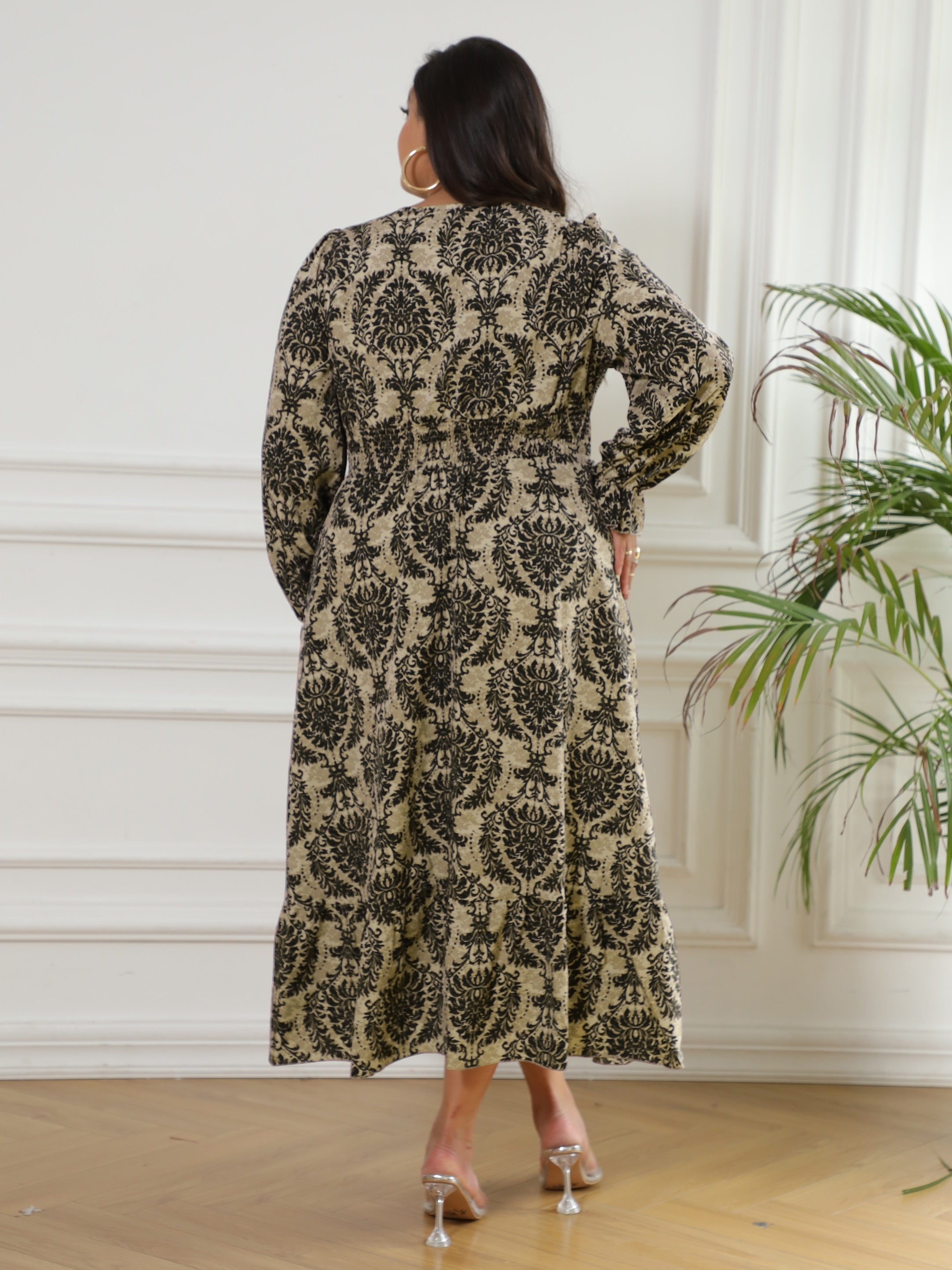  Damask Print Maxi Dress V Neck Flounce Sleeve Waist Nipped