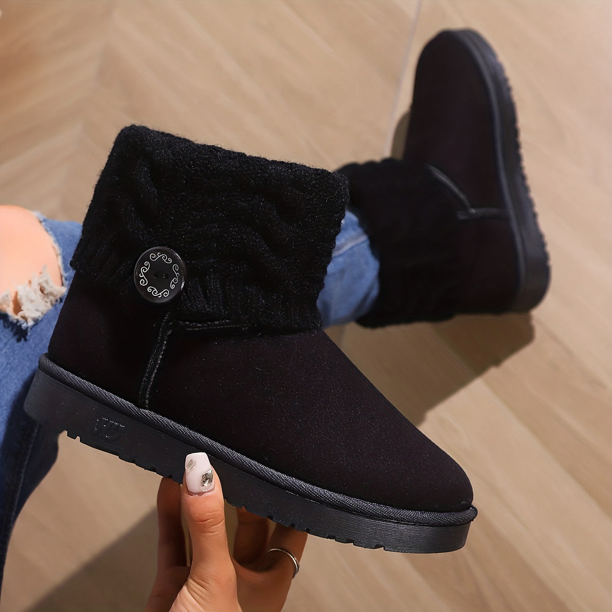 Women's Winter Snow Boots Button Knitting Band Ankle Boots