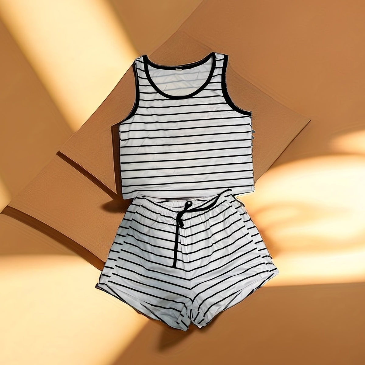 Striped Print Pajama Set Tank Top & Shorts Women's Sleepwear