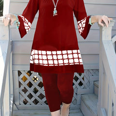  Colorblock Grid Print Bell Sleeve Top & Leggings Set