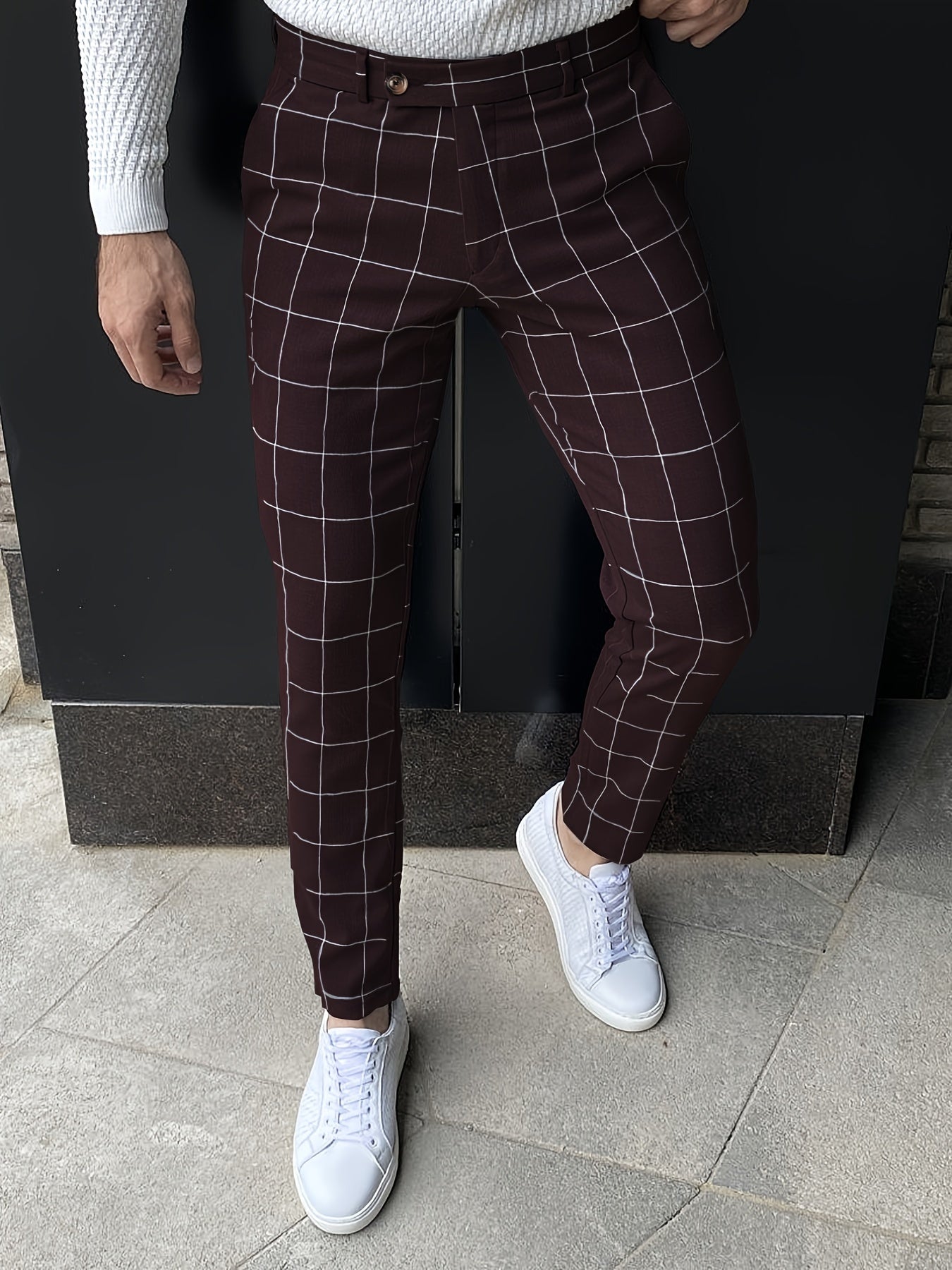 Slim Fit Plaid Slacks Men's Casual Vintage Style Slightly Stretch Dress Pants