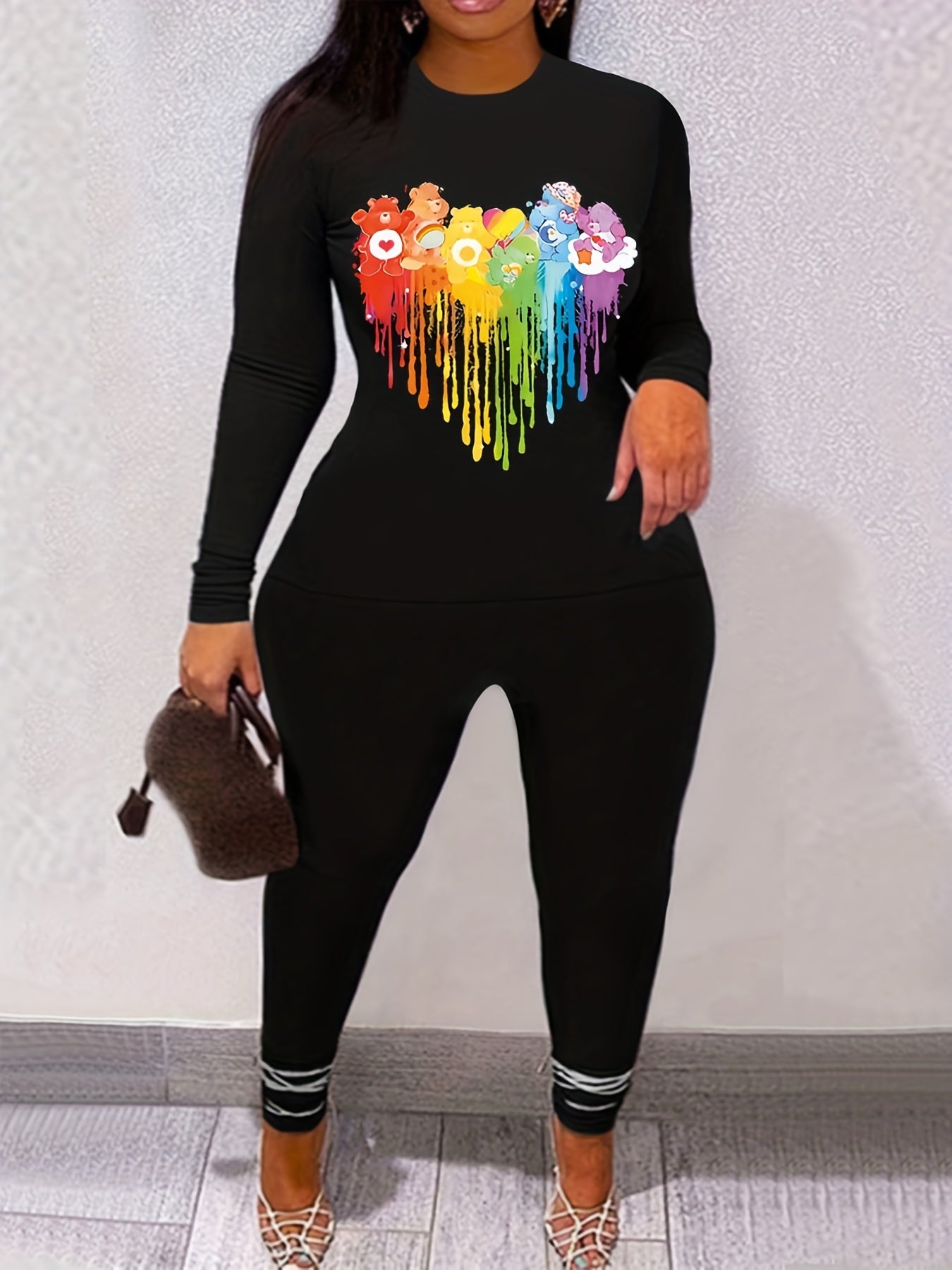 Bear Print Matching Set Long Sleeve T-shirt & Leggings