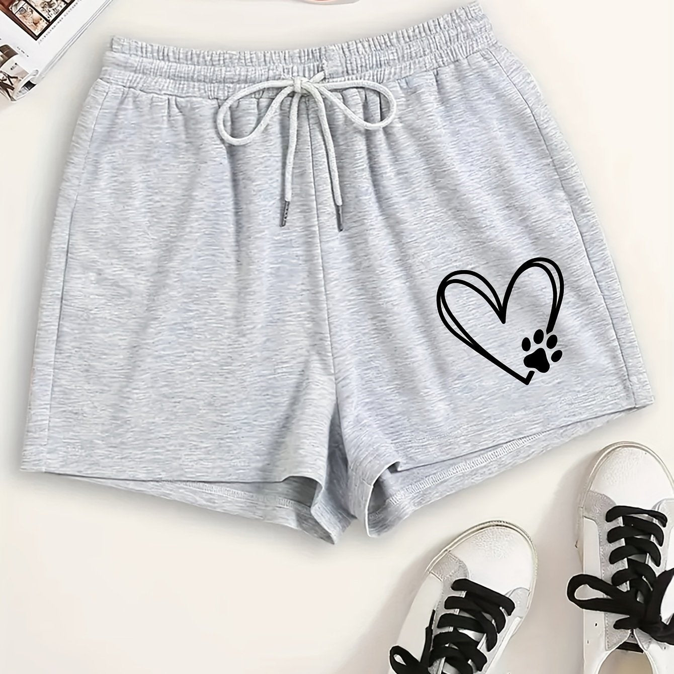  Heart & Puppy Paw Print Elastic Waist Shorts