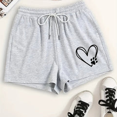  Heart & Puppy Paw Print Elastic Waist Shorts