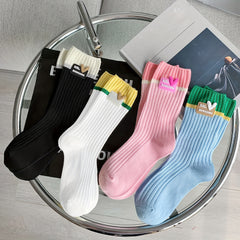 4 Pairs Heart Pattern Socks Colorblock Stockings Women's Hosiery