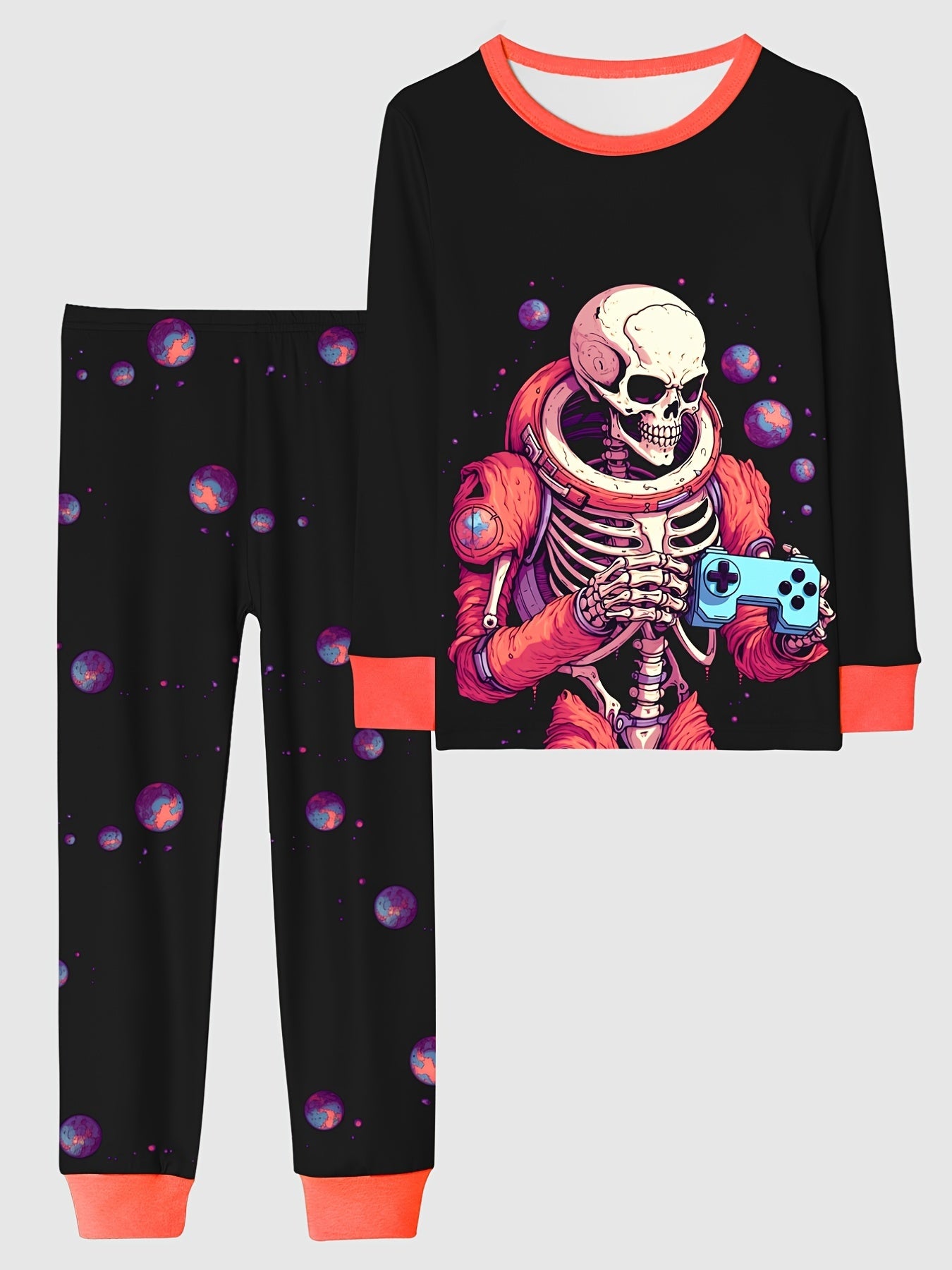 Skull Pattern Kids Pajama Set Halloween Style Comfy PJ Boy's Loungewear
