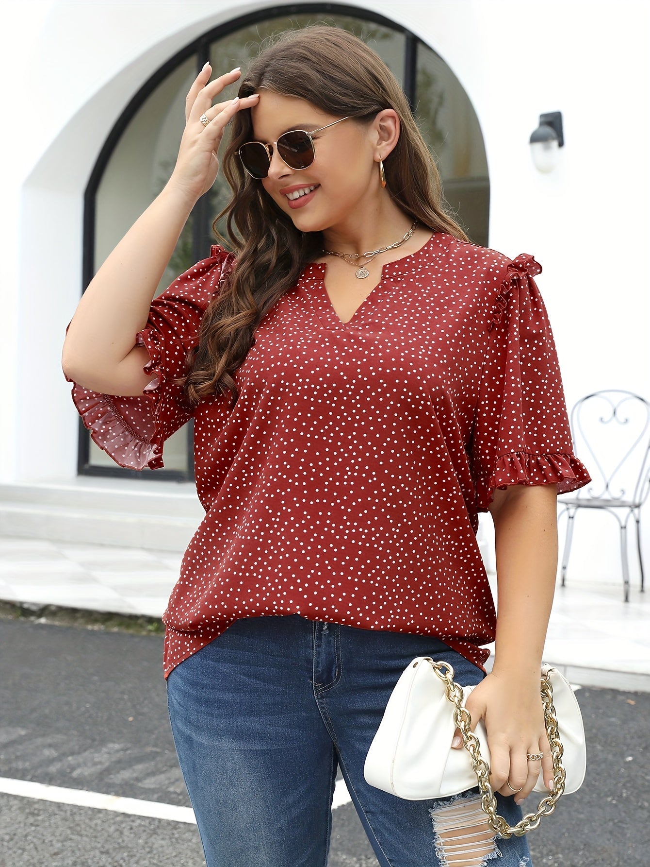  Dot Print Ruffle Trim Short Sleeve V Neck Blouse