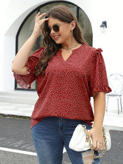  Dot Print Ruffle Trim Short Sleeve V Neck Blouse