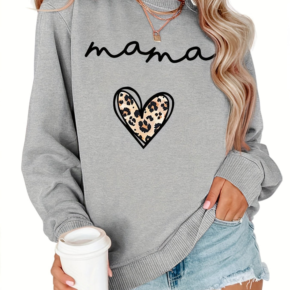 Leopard Heart Print Pullover Sweatshirt for Women