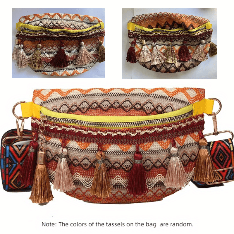 Ethnic Style Crossbody Bag Tassel Decor Canvas Chest Purse