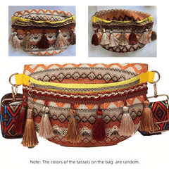 Ethnic Style Crossbody Bag Tassel Decor Canvas Chest Purse