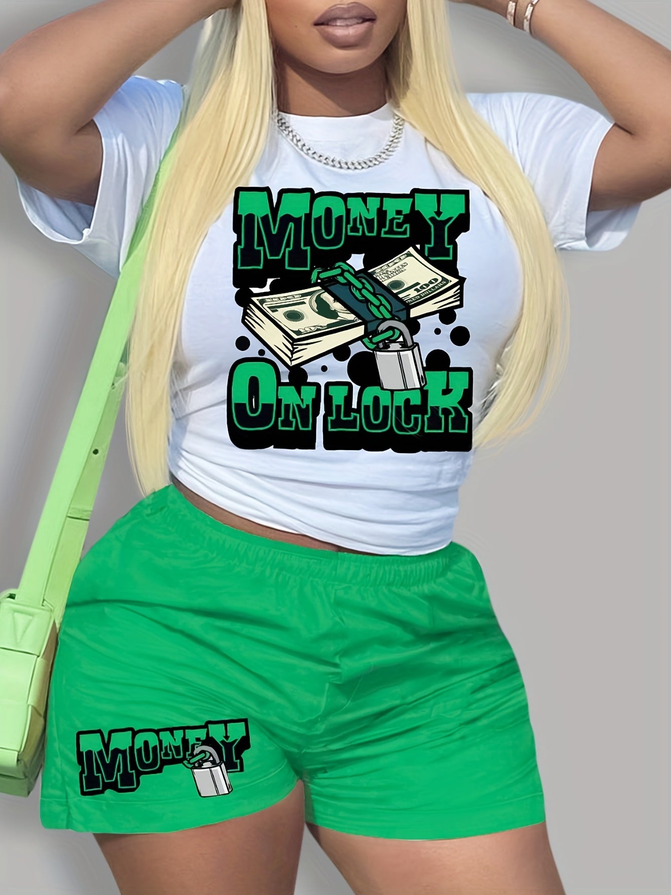 Money Letter Print 2pc Set Crew Neck T Shirt & Shorts Outfits