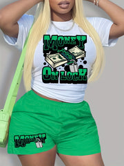 Money Letter Print 2pc Set Crew Neck T Shirt & Shorts Outfits