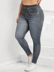  Denim Print High Waist Leggings Women's Plus Basic Leggings